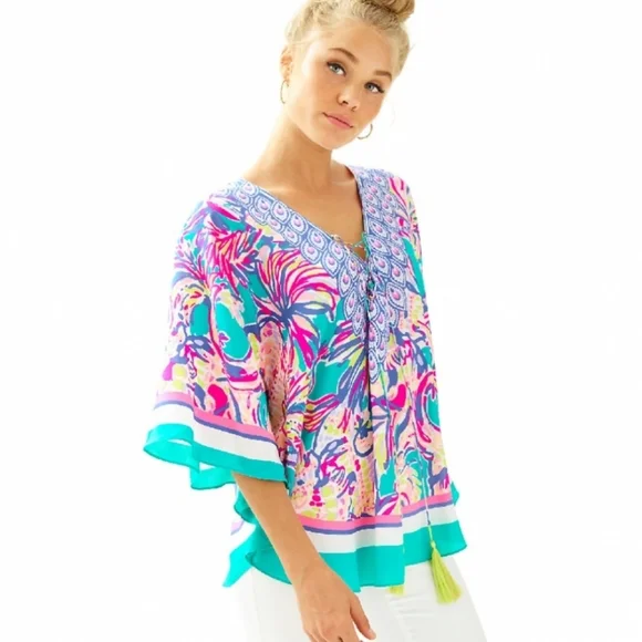HTF Lilly Pulitzer Lettie Silk Caftan Small Safari Sighted Flowy Oversizedβ Med - Picture 1 of 16